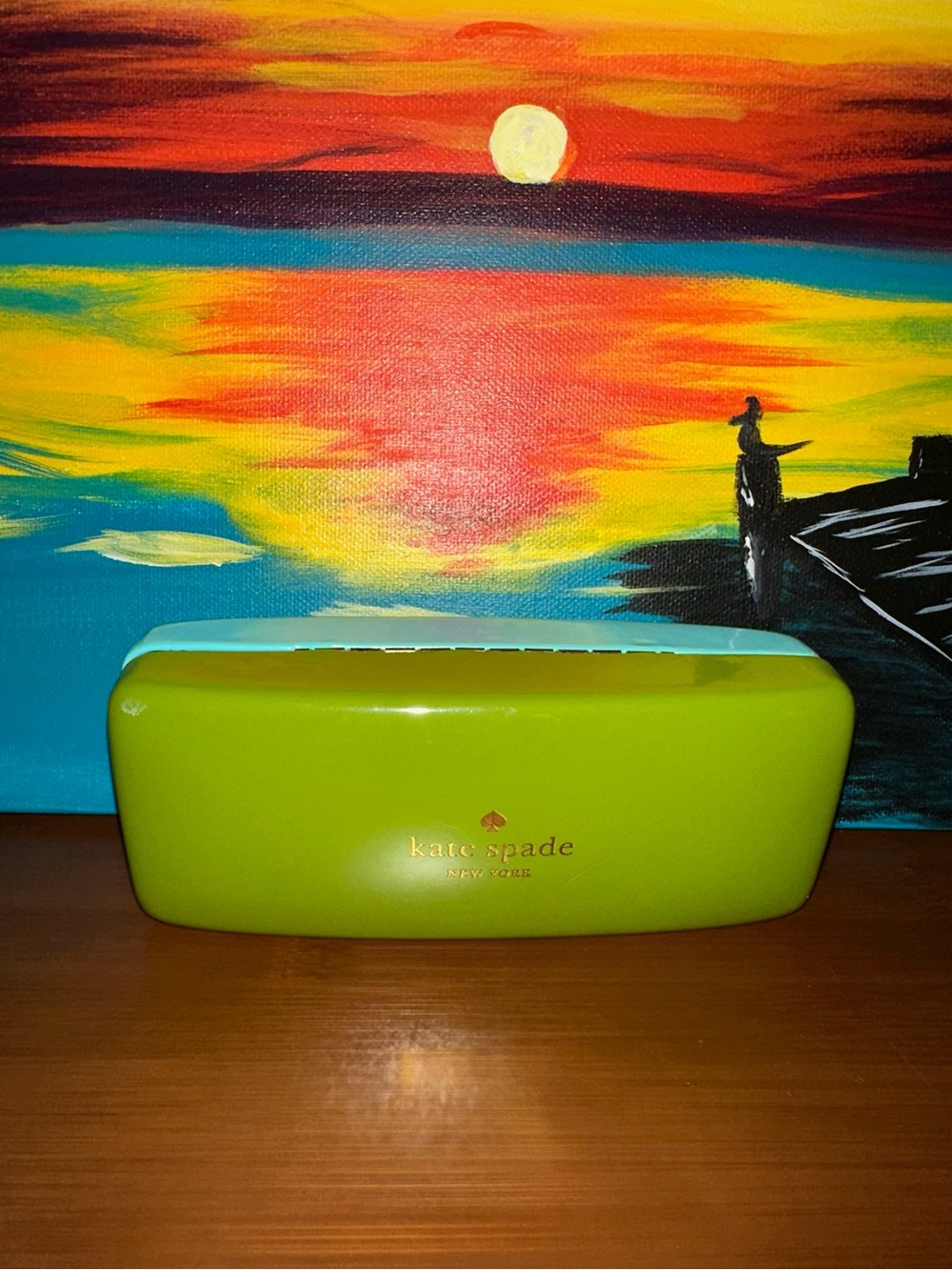 kate spade lime green hard shell eyeglass case with gold logo